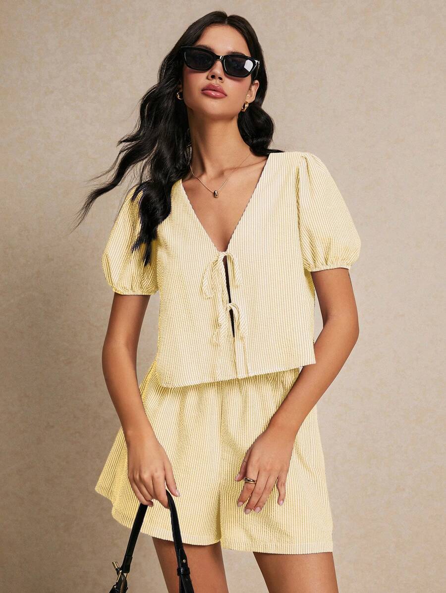 Poéselle Striped Shirt And Shorts Set, Striped Casual Summer Two-Piece Women's Set, Loose-Fitting, Short Sleeve Shirt And Shorts, Cotton Blend Super Soft, Effortlessly Chic Resort Set,4th Of July