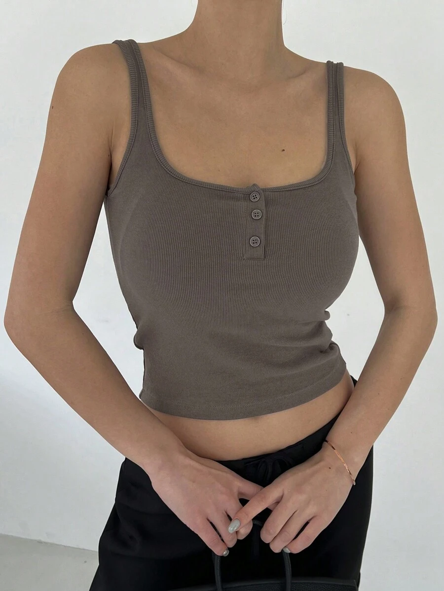 DAZY Women's Summer Solid Color Button Front Halterneck Cami Top