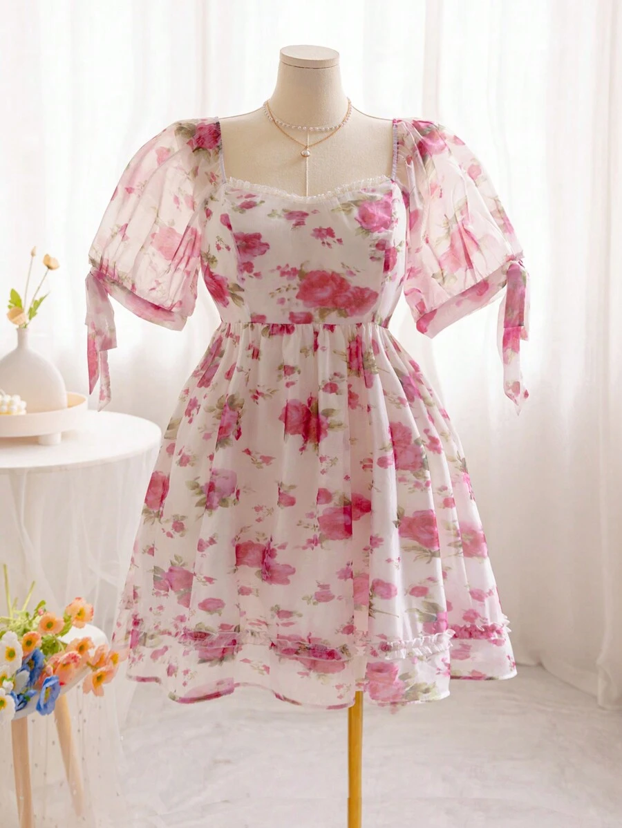 Soleia Vacation Romantic Pink Floral Puff Sleeve Plus Size Dress