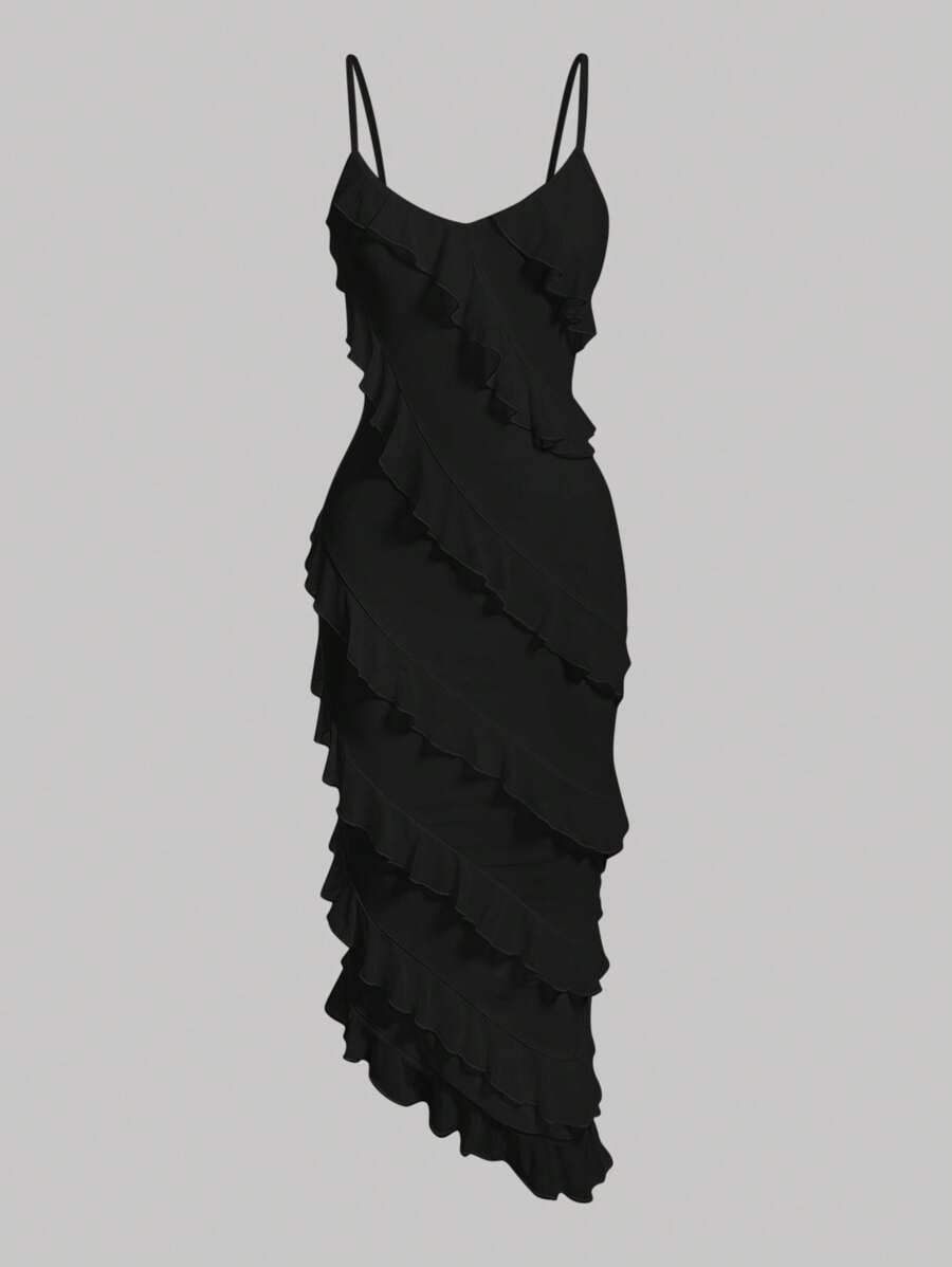 SHEIN PETITE Black Dress Party Dress For Women Date Evening Dress Solid Color Ruffle Asymmetric Hem Slip Dress