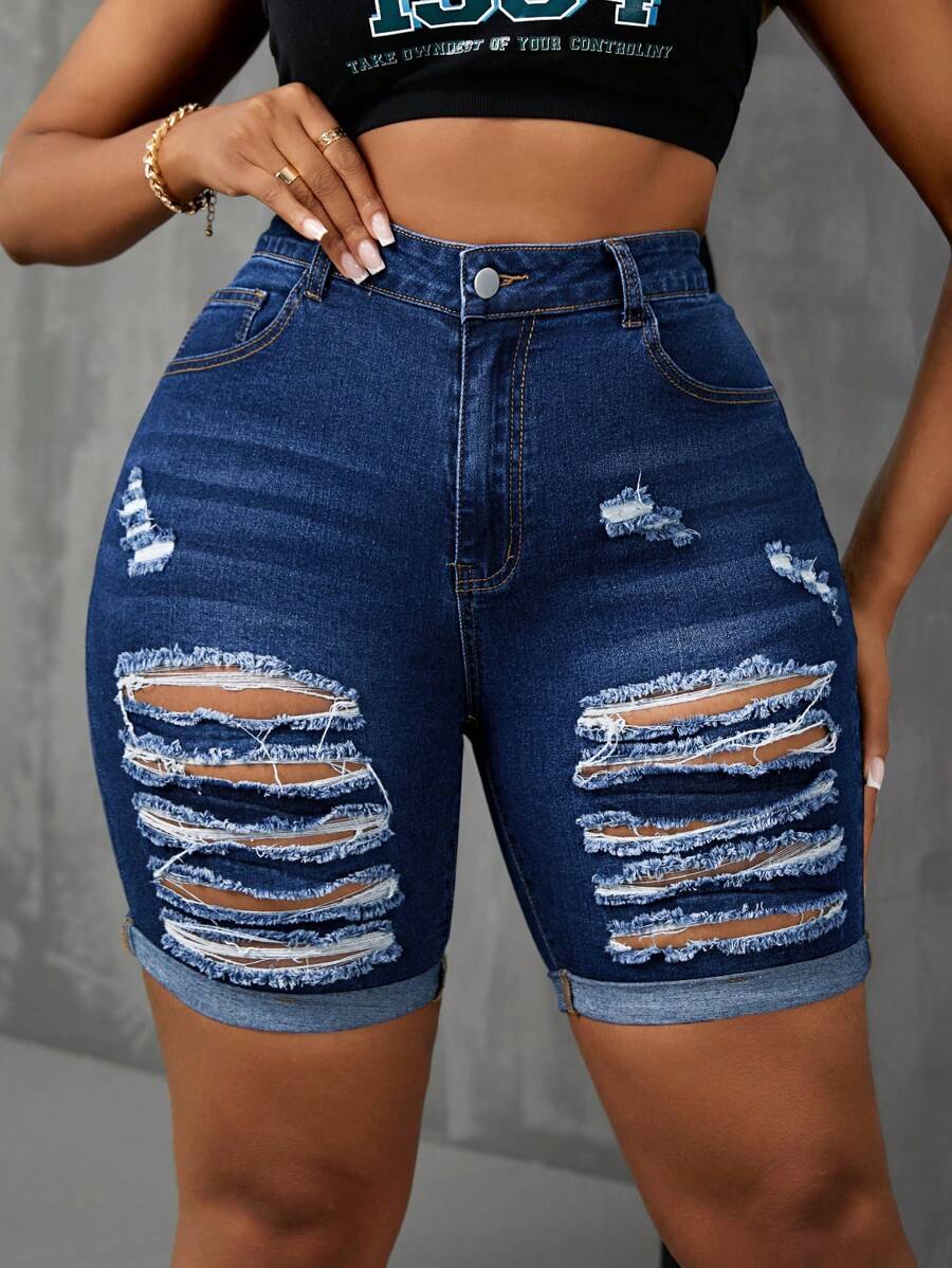 SHEIN SXY Shorts de motores elasticados ajustados y desgastados en tallas grandes