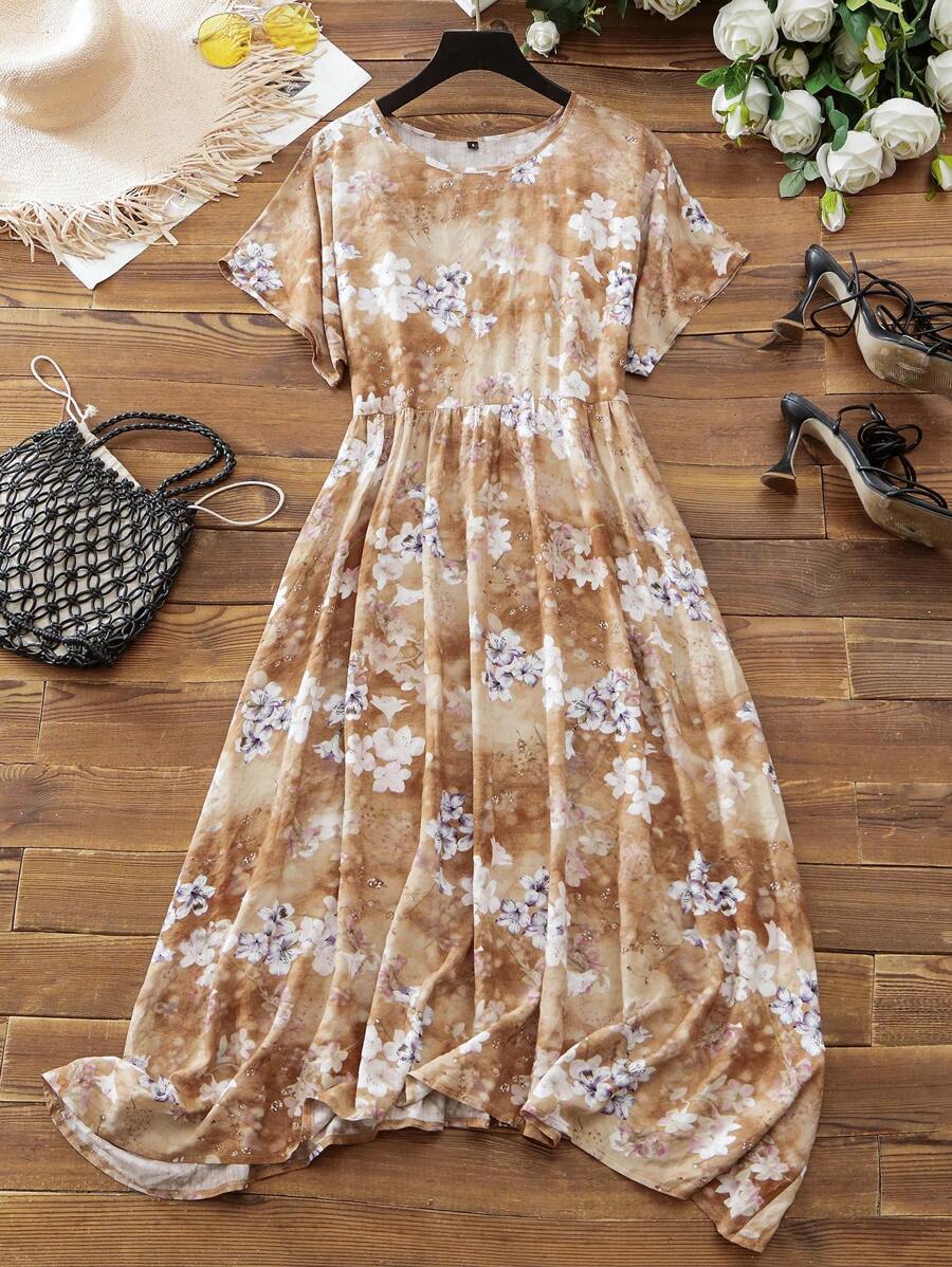 Mulvari Vestido casual de manga murciélago con estampado de flores teñidas para vacaciones de mujeres