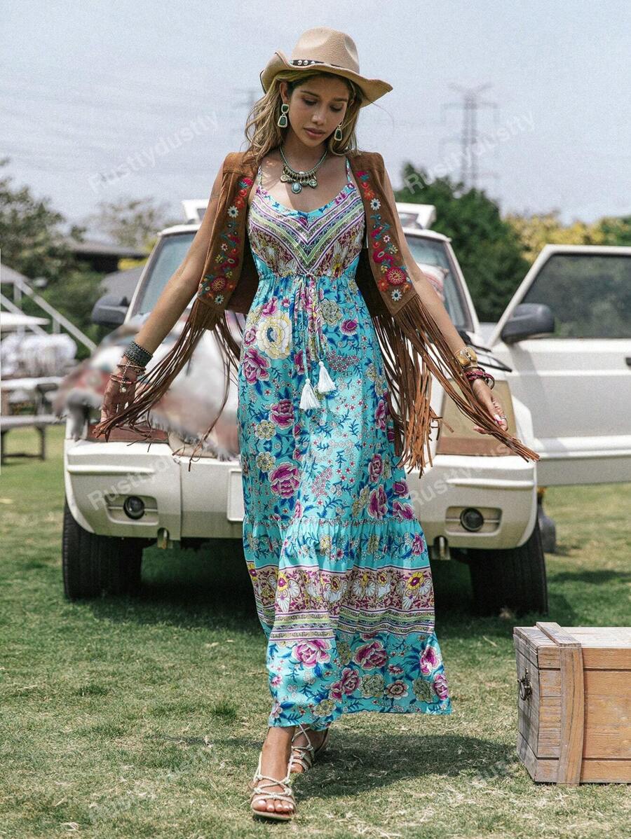 Rusttydustty Vestido con volantes de cintura alta con cordón estampado floral morado para mujer, ideal para playa, vacaciones, picnic, San Valentín, boda, temporada, festival de música Coachella