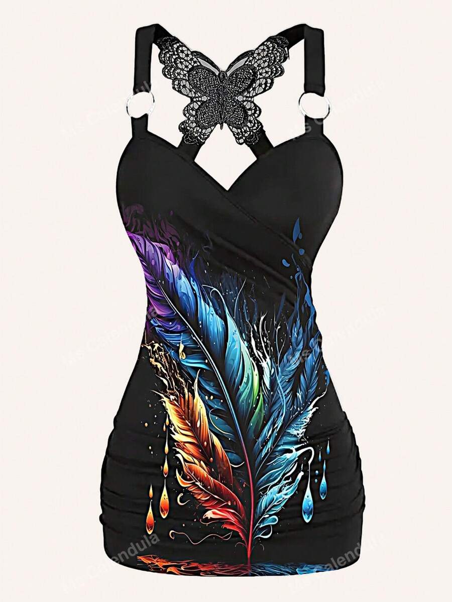 Camisola de verano sin mangas para mujer de talla grande con estampado de plumas, casual