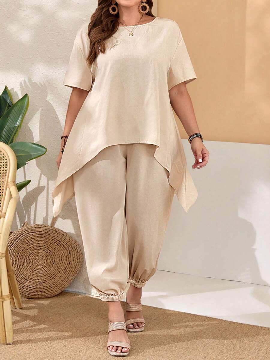 SHEIN CURVE+ Plus Size Women'S Short Sleeve Asymmetrical Hem Top And Bloomers Boho Khaki Two-Piece For Spring