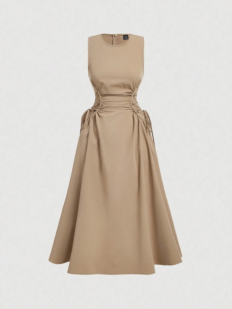SHEIN MOD Black Date Night Lateral Cross Frenulum Solid Ruched Detail Long Dress,Summer Dresses For Women,Tea Party Dress