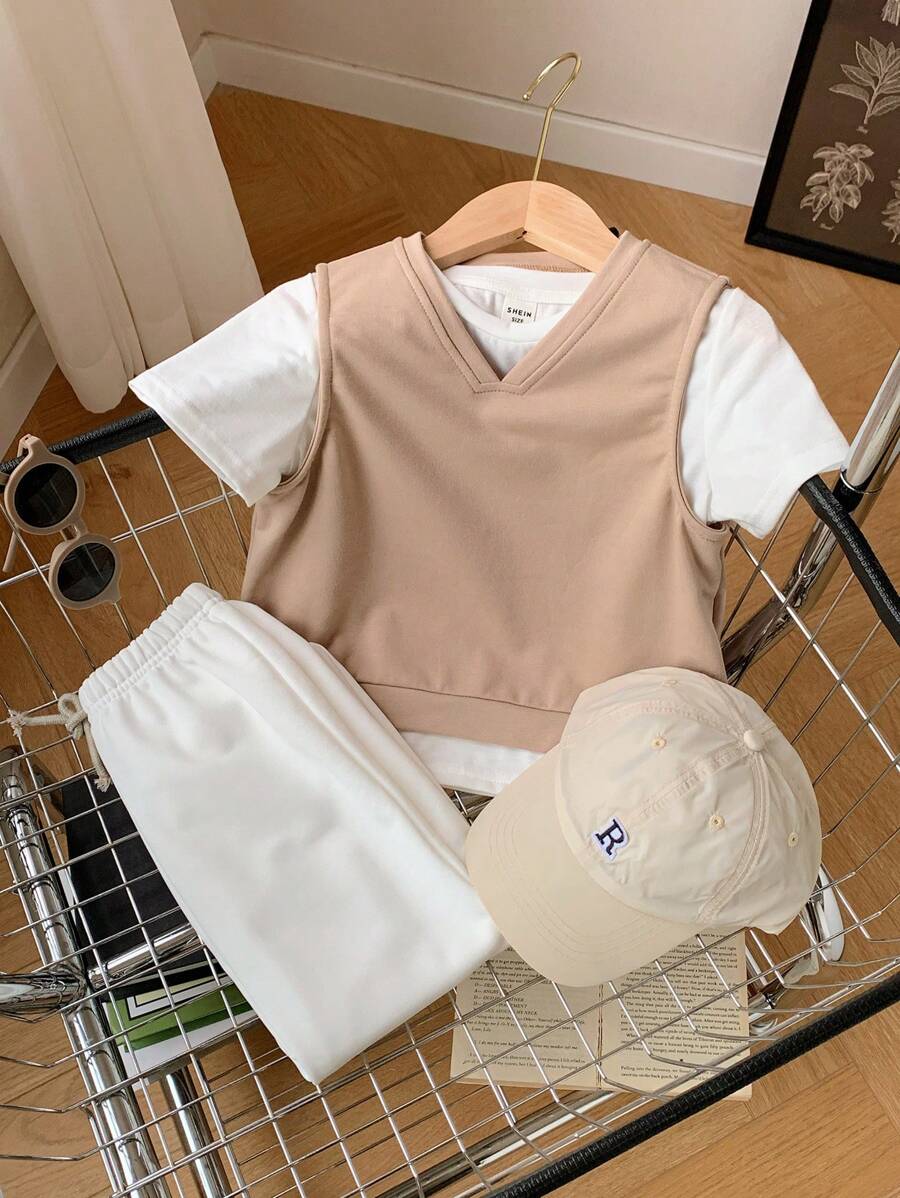 Conjunto de 3 peças de Camiseta Casual de Manga Curta de Gola Redonda para Meninos Jovens, Regata com Decote em V e Calça Comprida Solta
