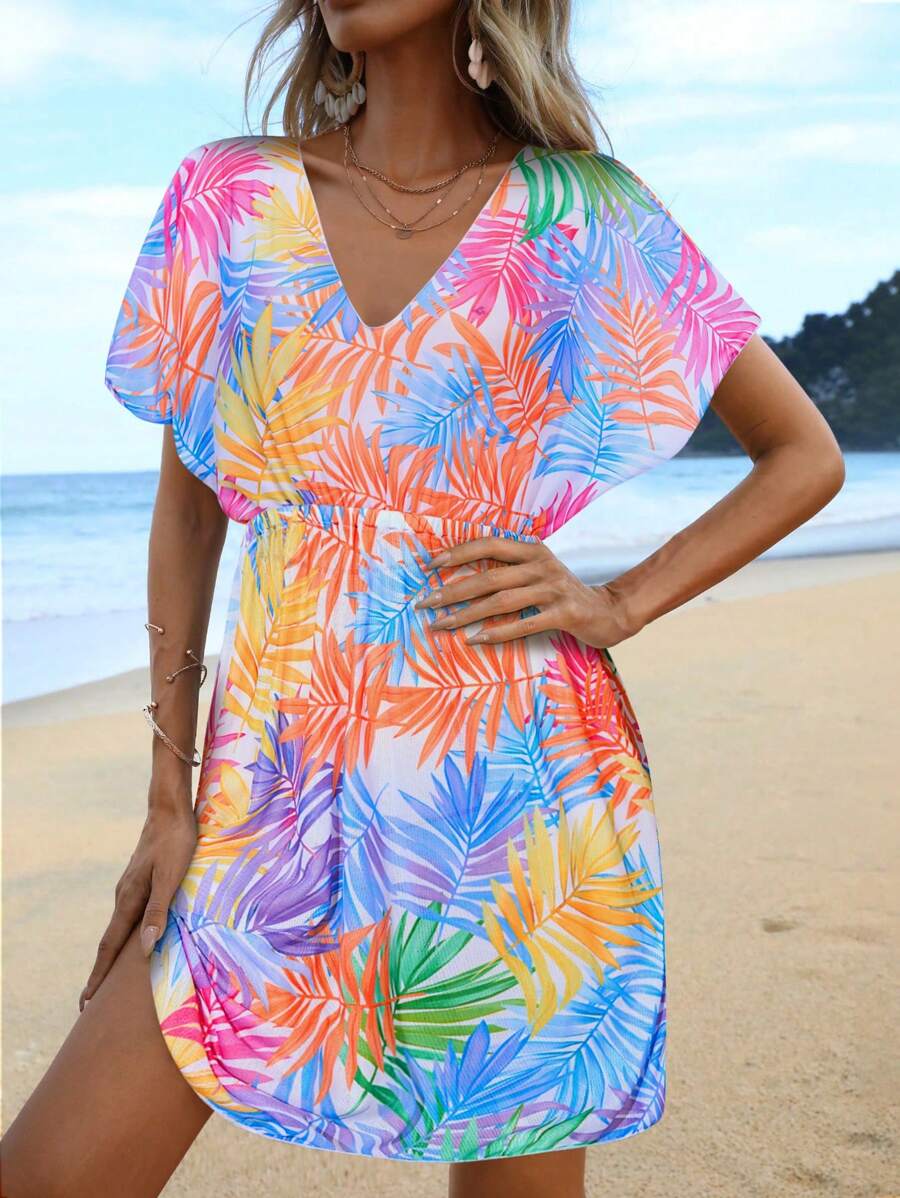 Swim Lushoire Women's Random Printed Casual Short Sleeve Cover Up Summer