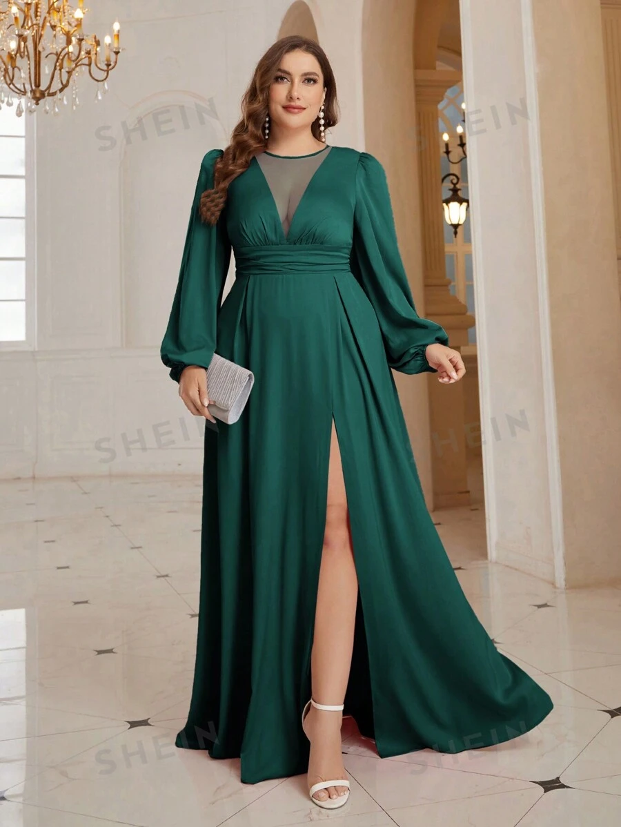 SHEIN Belle Vestido de dama de honor de unicolor y estilo simple para mujer de talla grande, vestido formal de manga larga elegante para fiesta de graduación, cena o boda