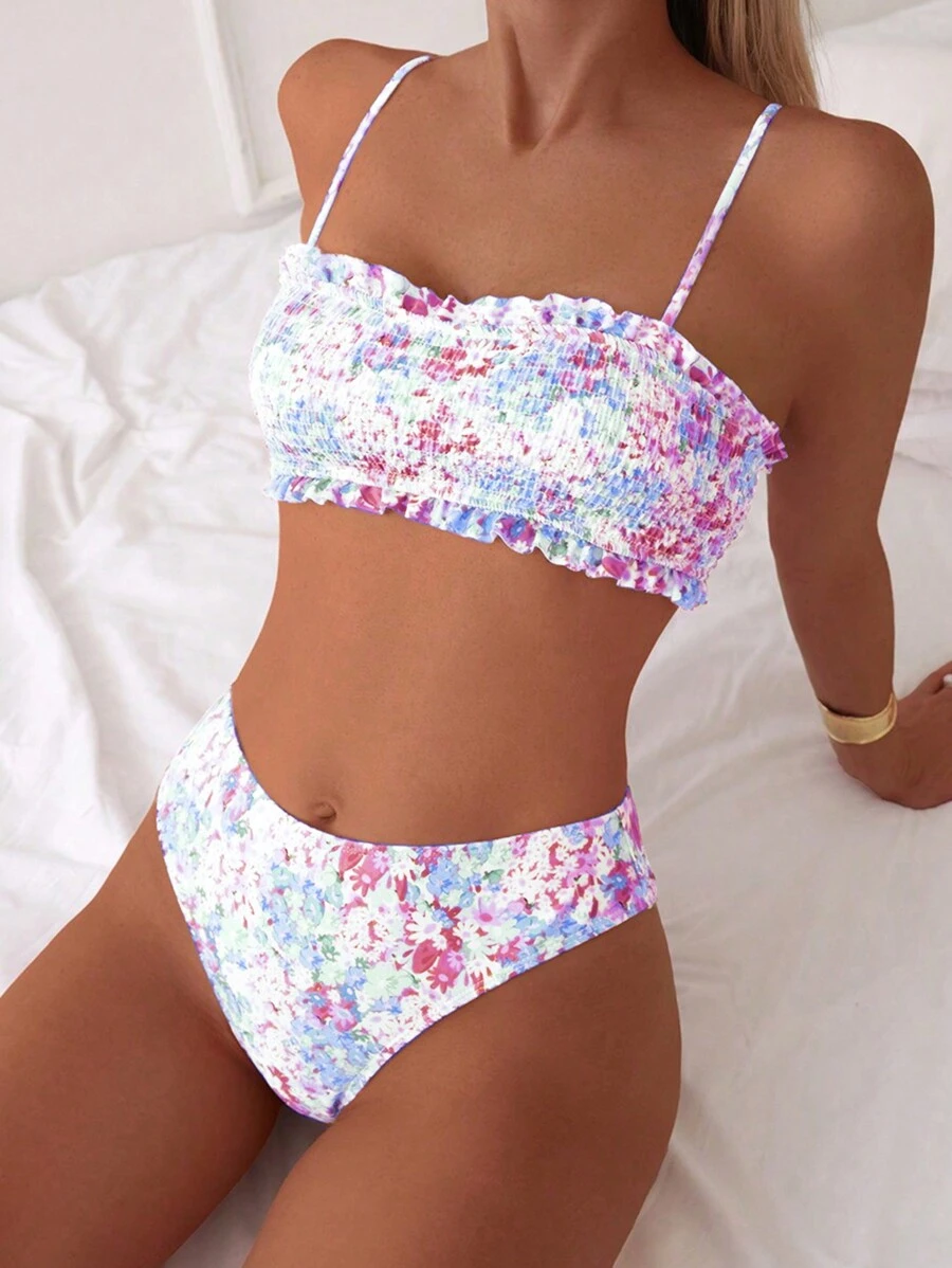 Swim Mod Women's Summer Beach Ditsy Floral Halter Sexy Bikini Set And Swimwear