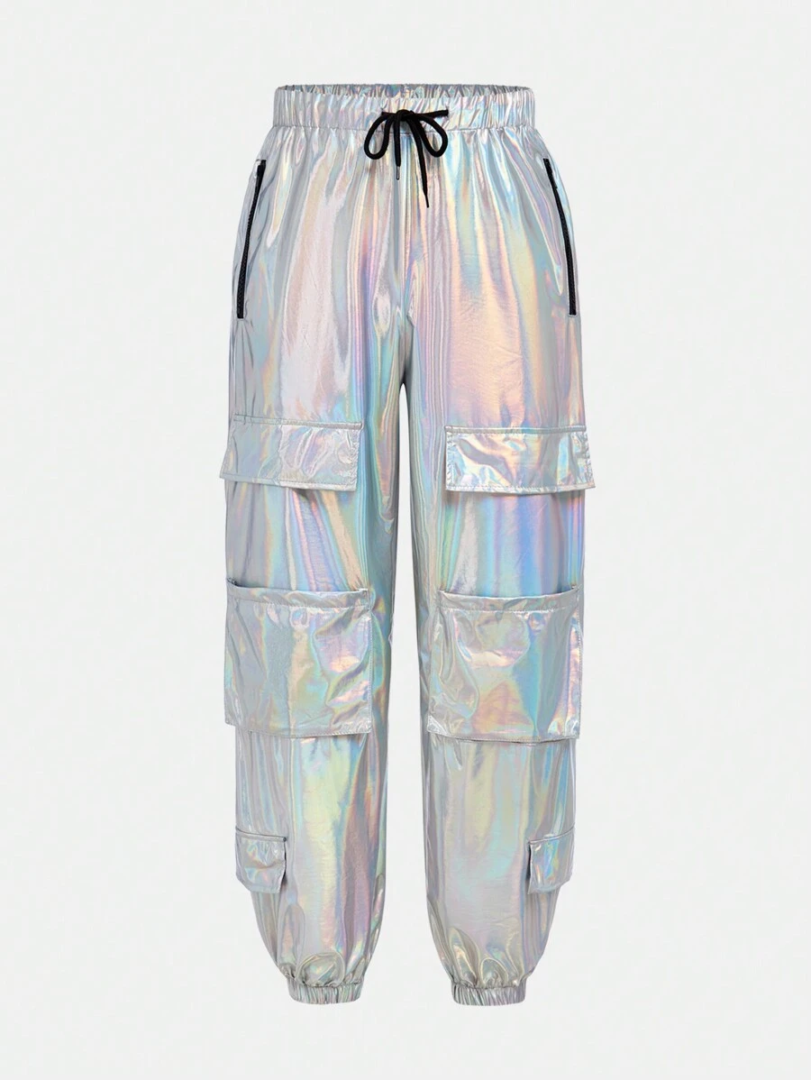 SHEIN Pantalones de carga reflectantes láser de moda callejera para adolescentes