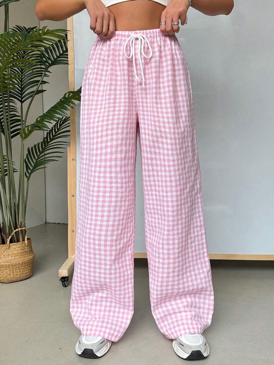 SHEIN EZwear Pantalones largos para mujer de un solo color con estampado de cuadros sencillo para uso diario