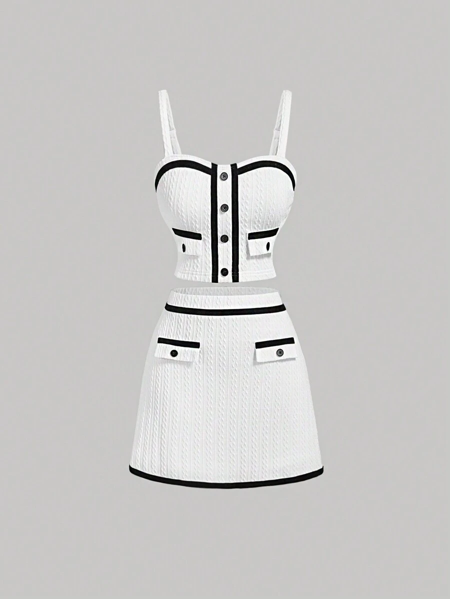 SHEIN MOD White Color Contrast Trim Retro Romantic Camisole Top And Skirt Set For Women, Summer School Outfits Back To School Clothes Old Money Style