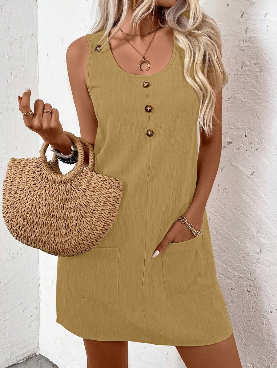SHEIN LUNE Vestido de tanque sólido con botones en la parte frontal y bolsillos dobles