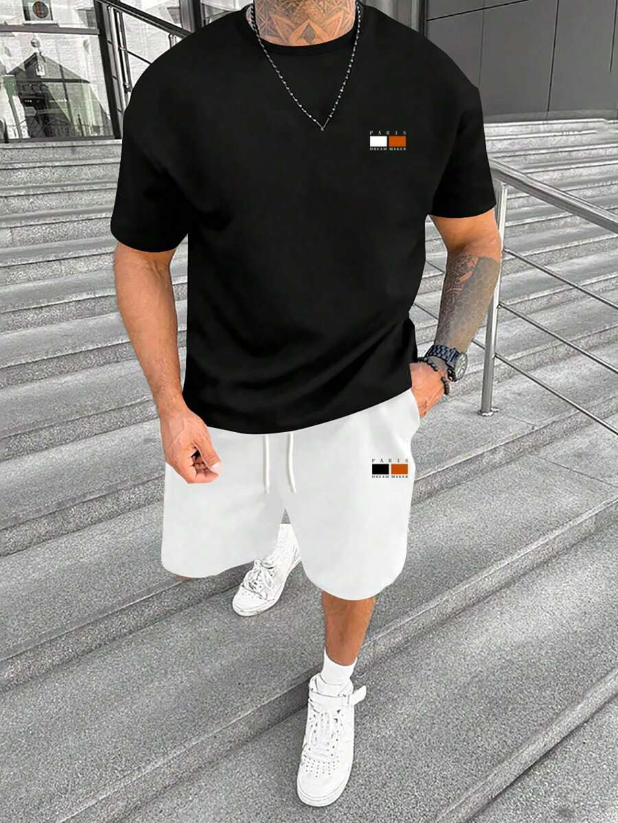 Manfinity Homme Conjunto de camiseta casual de manga corta con cuello redondo y pantalones cortos con cordón para la cintura para hombre en verano con estampado de letras
