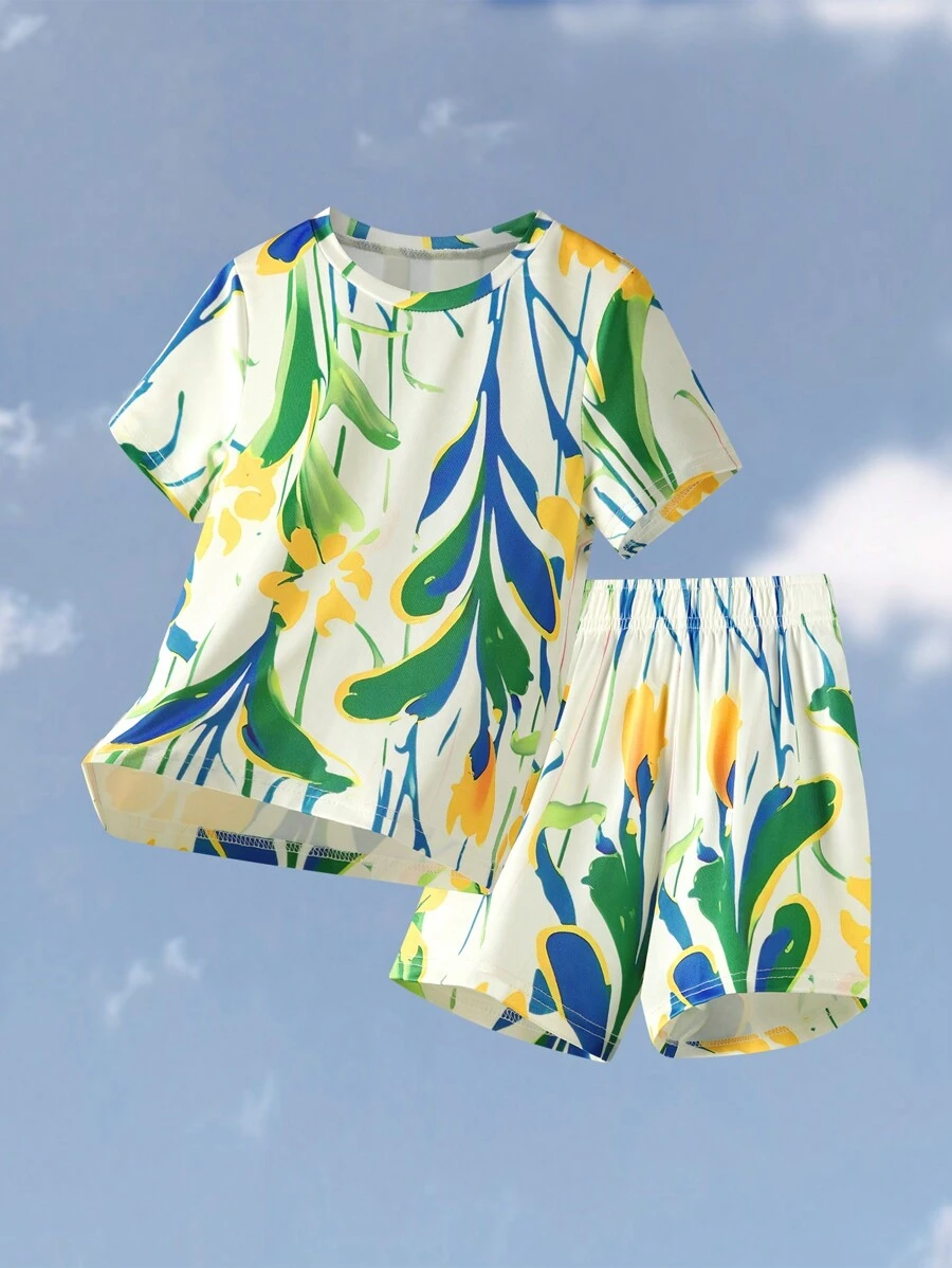 Young Boys Printed Short Sleeve T-Shirt And Shorts Set, Casual Comfortable Outfit