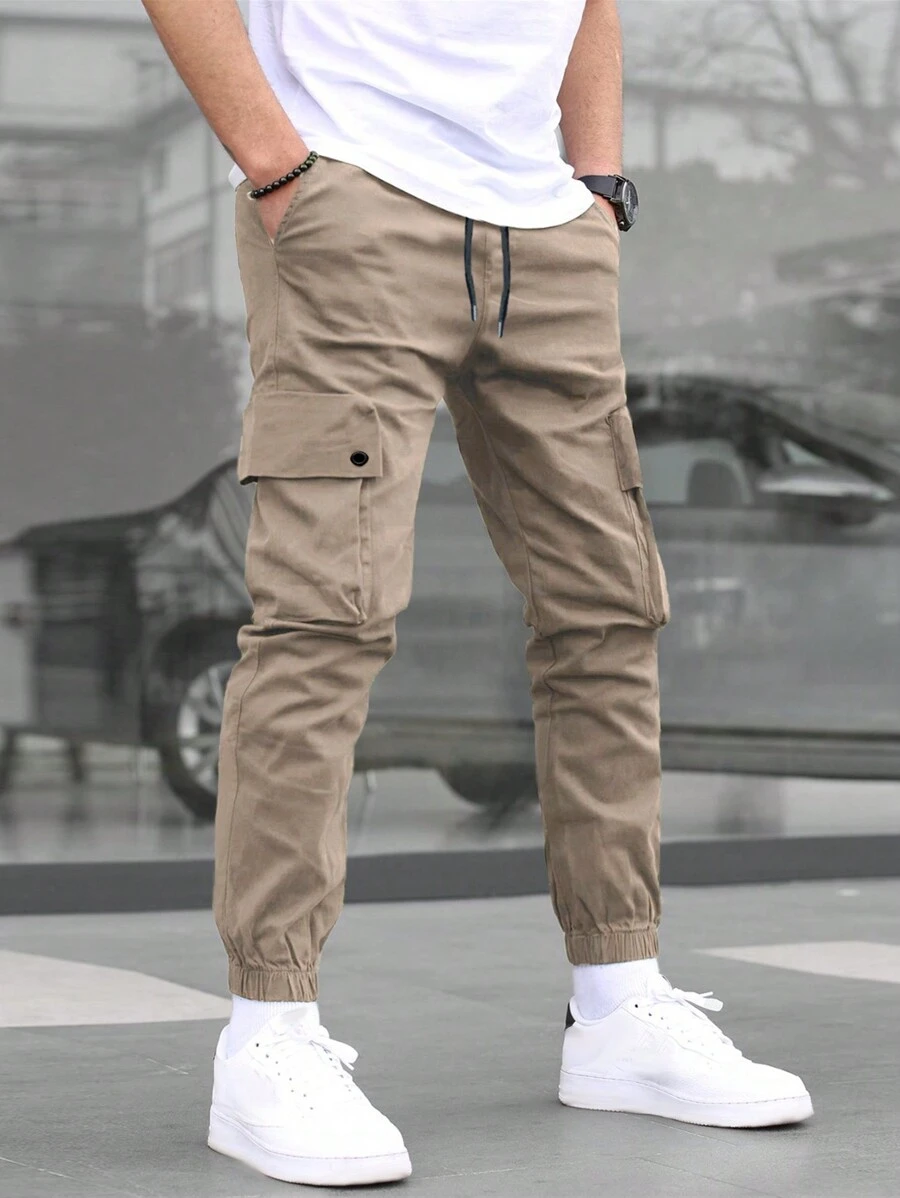 Manfinity Homme Men's Casual Solid Color Drawstring Waist & Elastic Cuff Cargo Pants