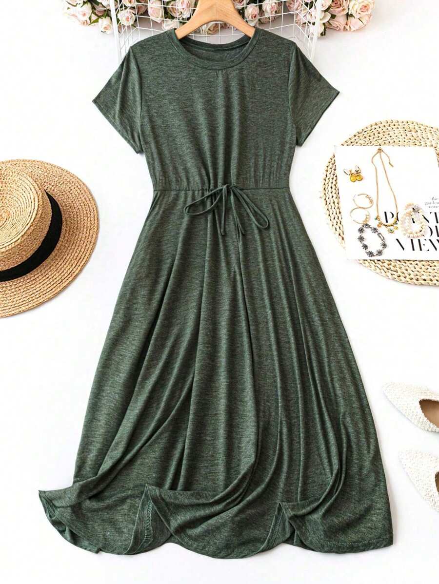 SHEIN LUNE Women's Summer Solid Color Short Sleeve Round Neck Tie Waist Casual Long Dress