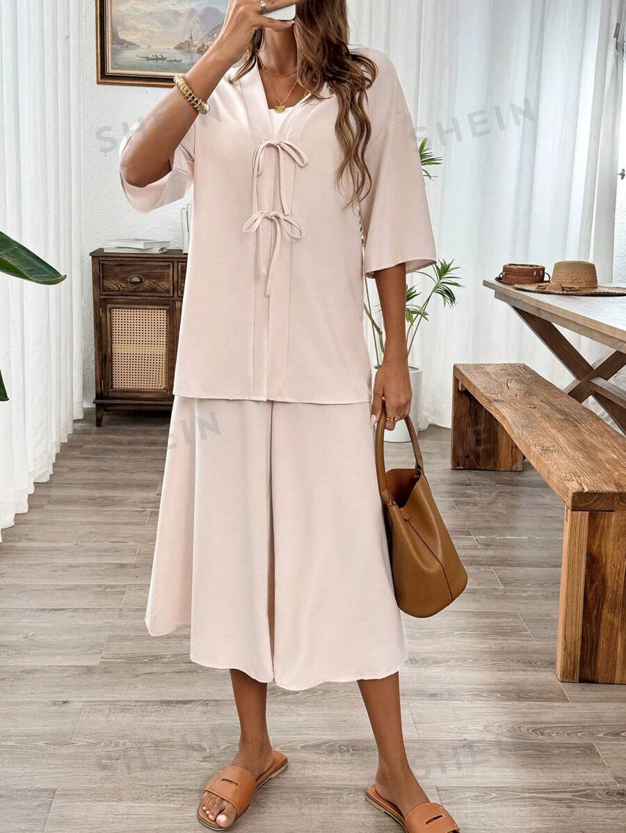 Calvaya Conjunto informal de dos piezas de estilo kimono japonés de lino para primavera/verano