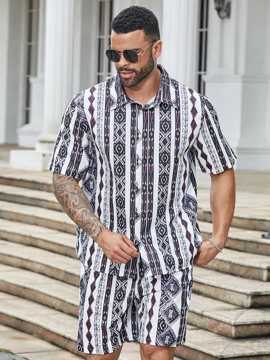 Manfinity Homme Men's Plus Size Geometric Print Short Sleeve Shirt And Shorts Set For Vacations & Leisure