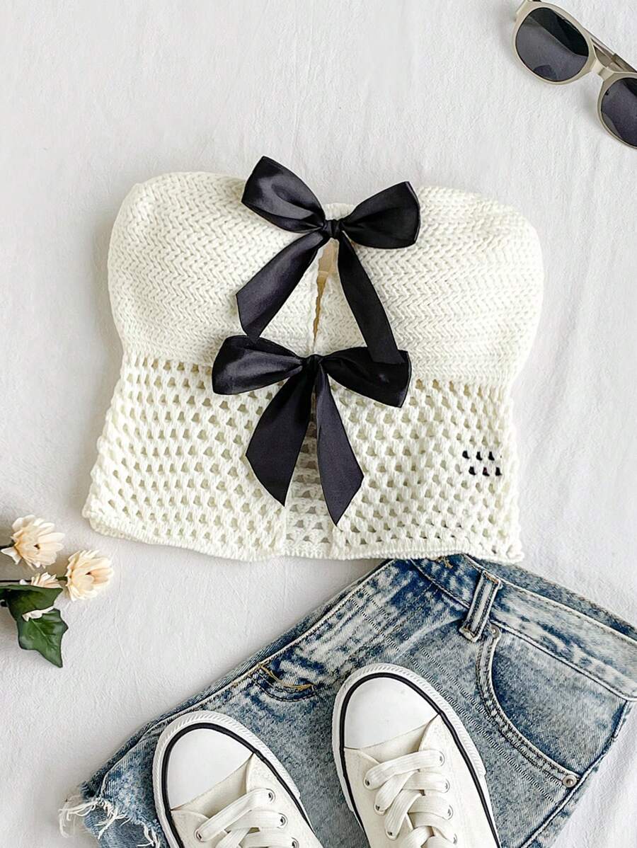 Soleia Vacation Style Strapless Woolen Top With Bowknot Decoration