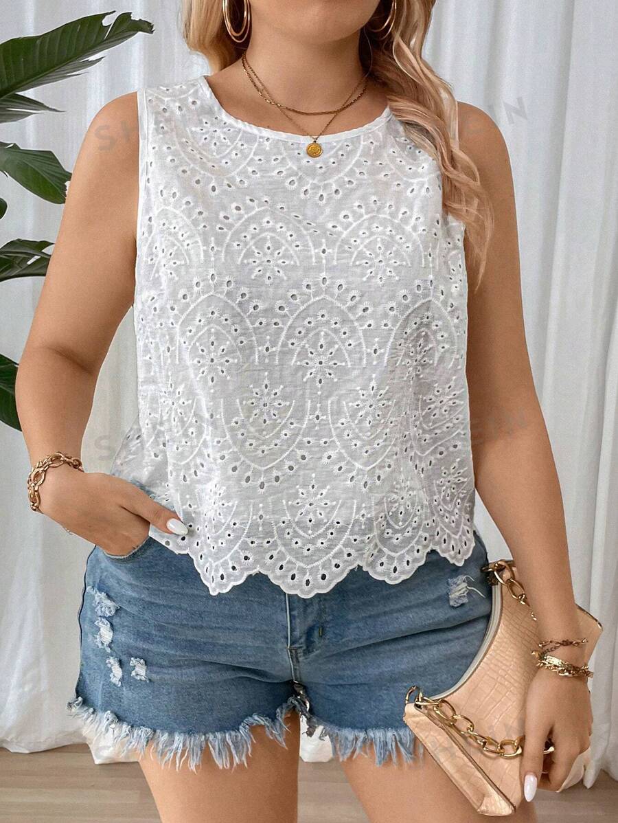 Calvaya Camisa sin mangas de talla grande de unicolor bordada con cuello redondo y detalle de ahuecado para el verano