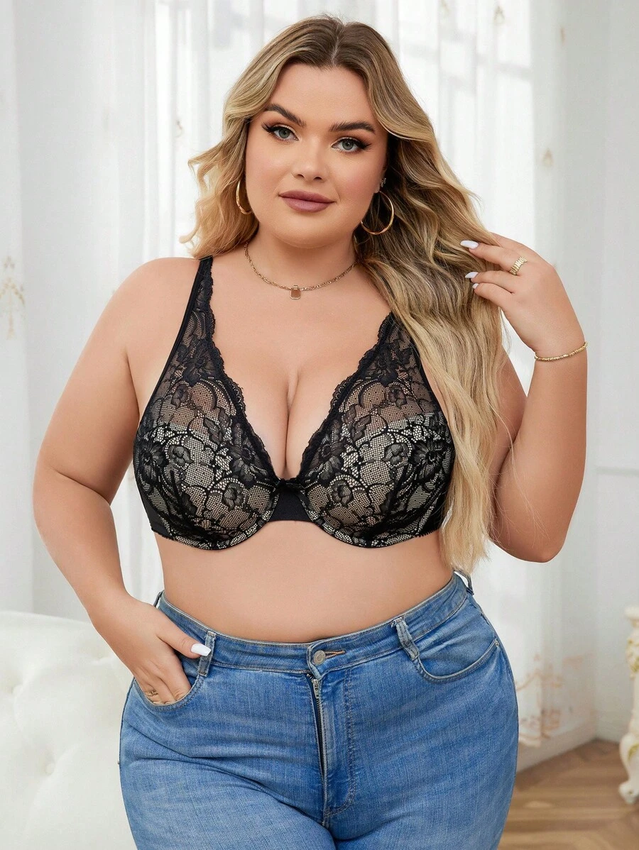 Sujetador sexy bralette con encaje negro y malla transparente con copas de esponja y aro para tallas grandes, lencería (1 pieza)