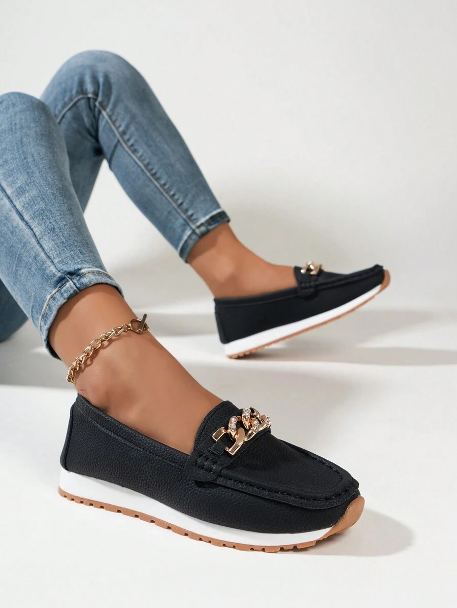 Mocasines negros de patrón de piel de Litchi para mujeres con decoración de cadena de diamantes, zapatos planos sin tacón para exteriores y comodidad, estilo versátil para la primavera/verano