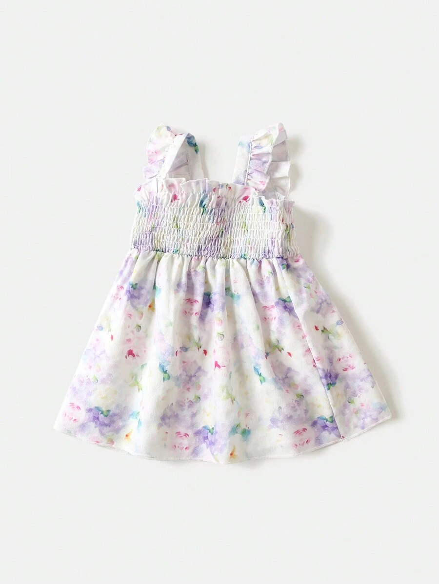 Baby Girl Oil Painting Floral Print Flared Cap Sleeve Dress