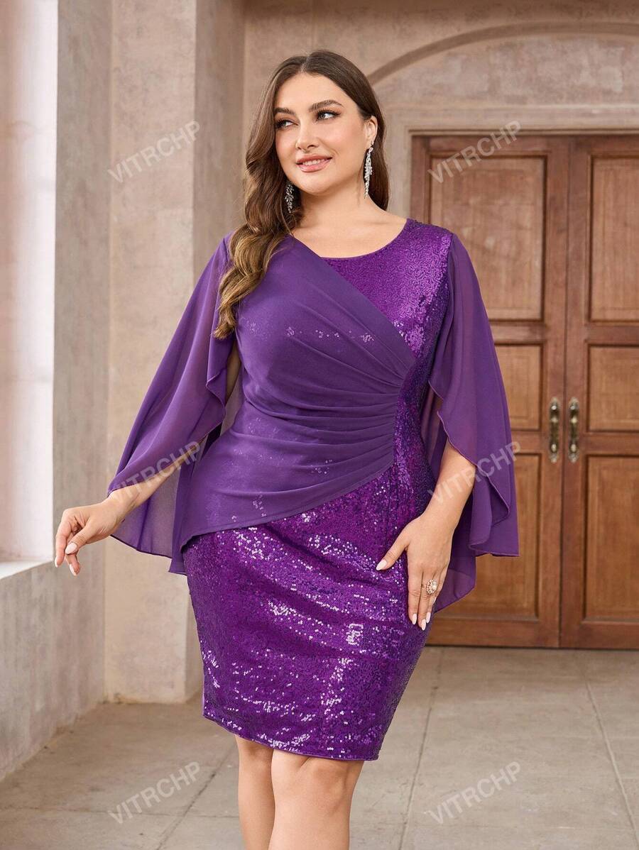 Plus Size Women Asymmetric Neck Cape Sleeve Ruched Sequin Embellished Fitted Short Formal Dress