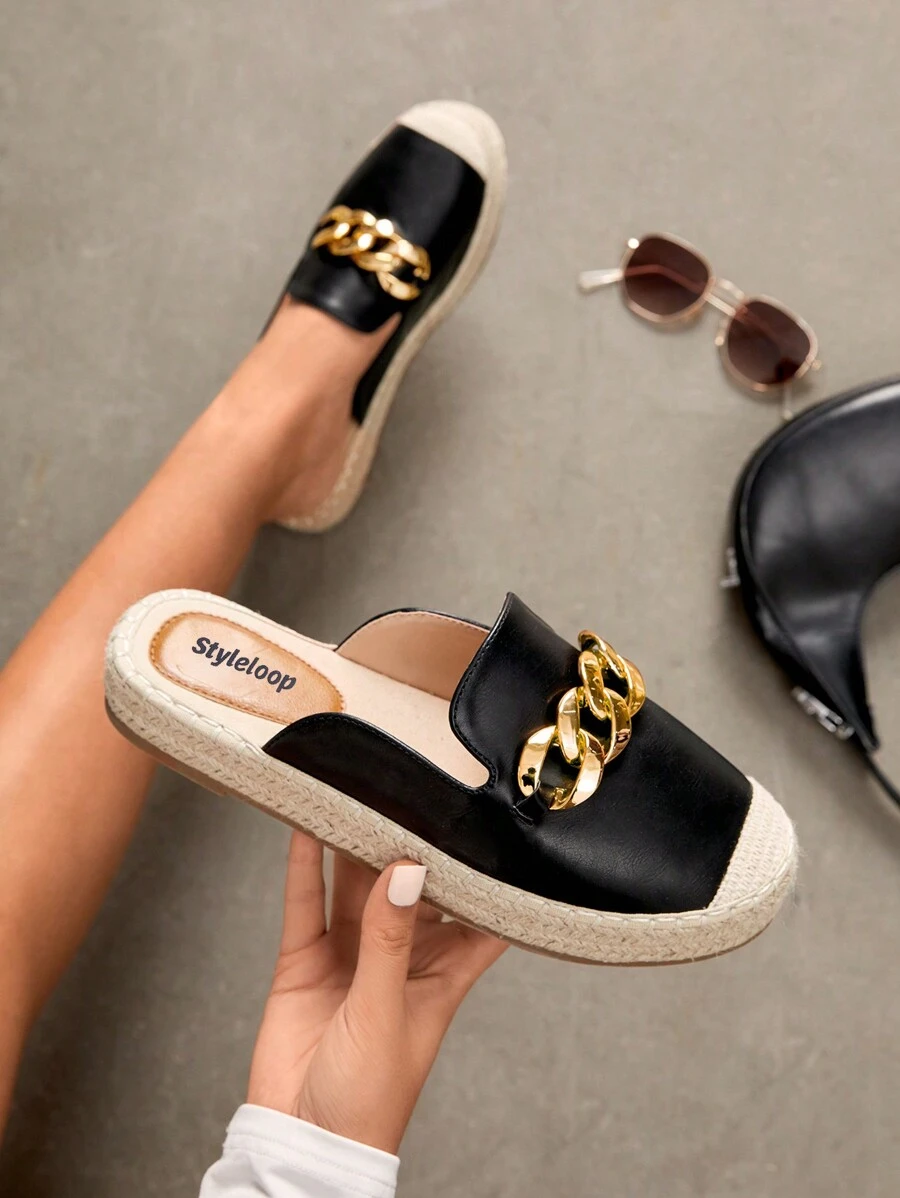 Styleloop Zapatos de mujer de moda Zuecos tipo alpargata con decoración de cadena negra para el verano, rebajas de verano, vuelta al colegio, calzado universitario, zapatos con estilo bohemio y vintage francés para Navidad, Año Nuevo y otoño.