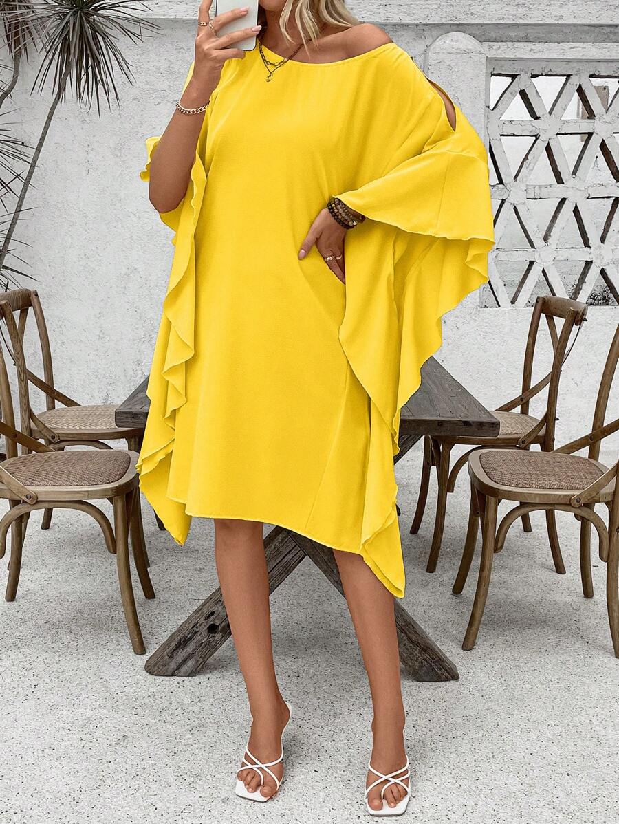 SHEIN LUNE Yellow Batwing Sleeve Round Neck Muslim Women Abaya Dress