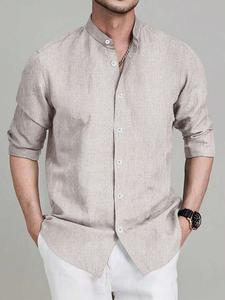 Manfinity Mode Men's Spring/Summer Solid Color Stand Collar Long Sleeve Daily Commute Shirt