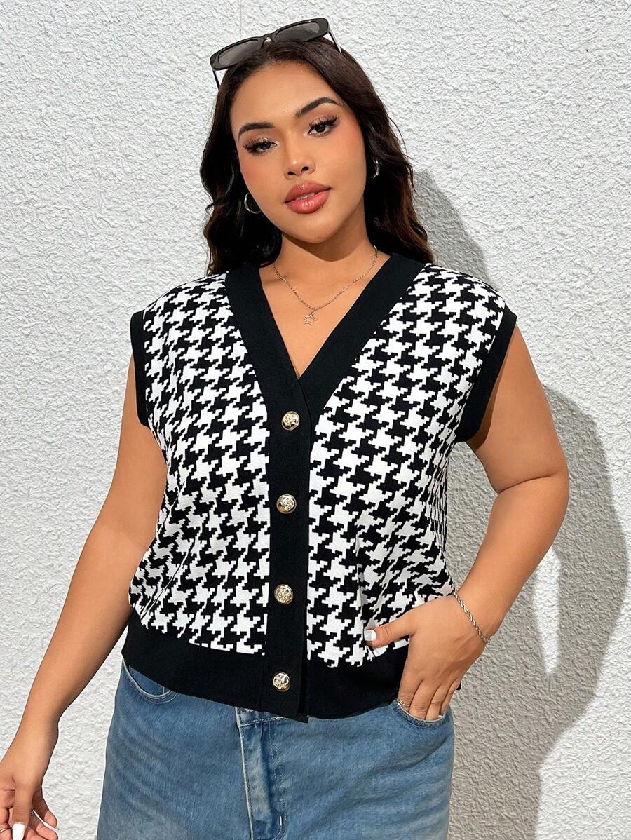 SHEIN EZwear Plus Size Retro czarno-biała kurtka bez rękawów w pepitkę na wczesną jesień