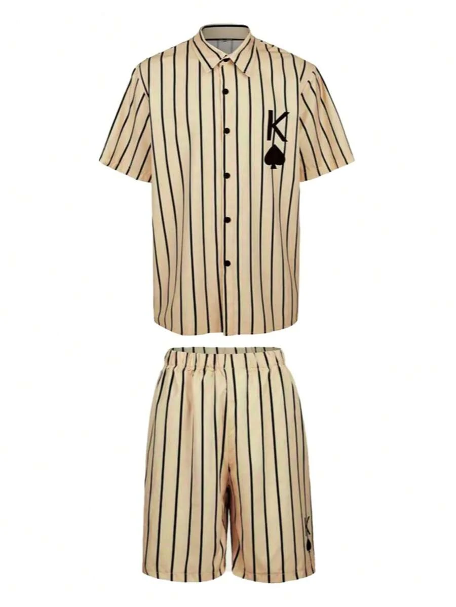Men's Summer Poker Cards Striped Print Short Sleeve Shirt And Shorts Casual Set