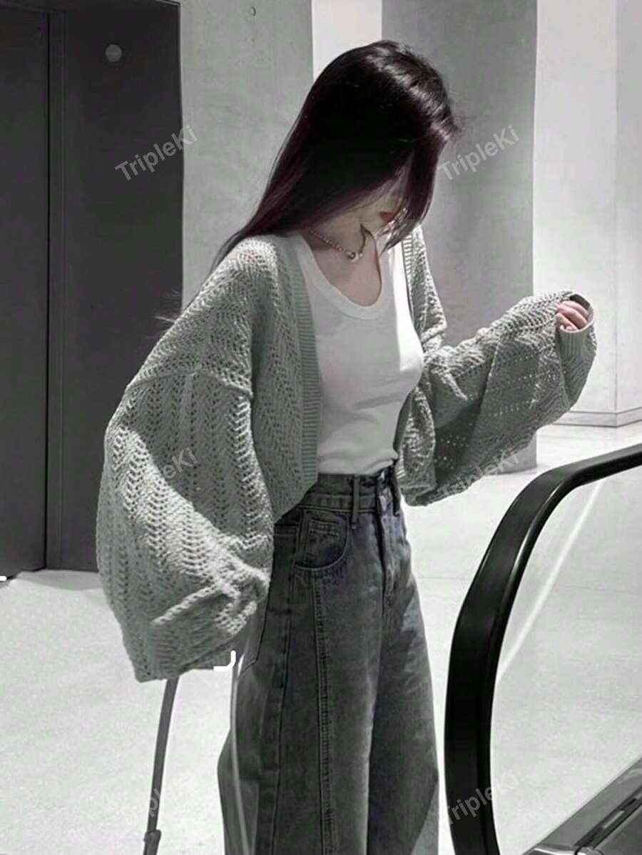 Solid Drop Shoulder Oversized Cardigan,Long Sleeve Tops