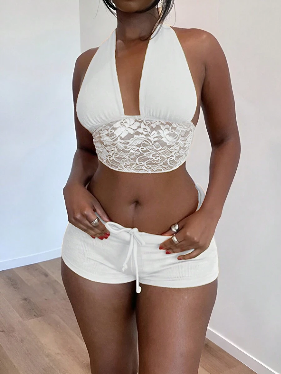 SHEIN Contrast Lace Backless Halter Top & Shorts