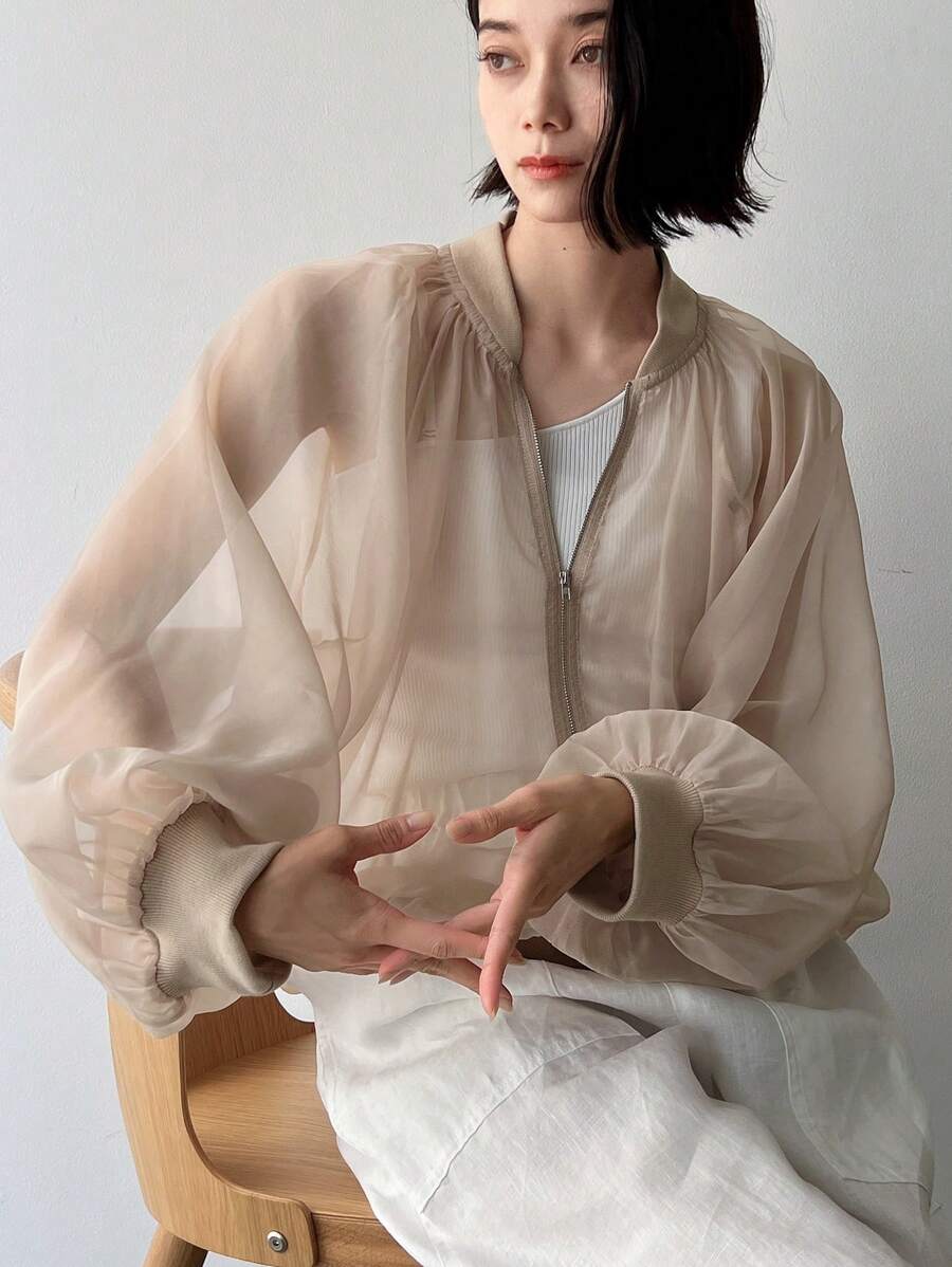 FRIFUL Zip Up Long Sleeve Bomber Jacket Sheer