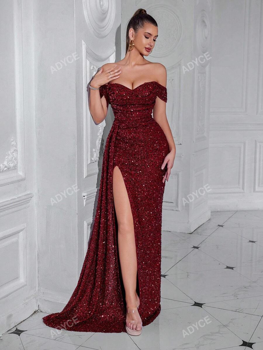 ADYCE Vestido de graduación, de fiesta de noche, de cóctel o de invitada de boda elegante y formal con hombros descubiertos, abertura lateral, cinta y fruncido en la cintura