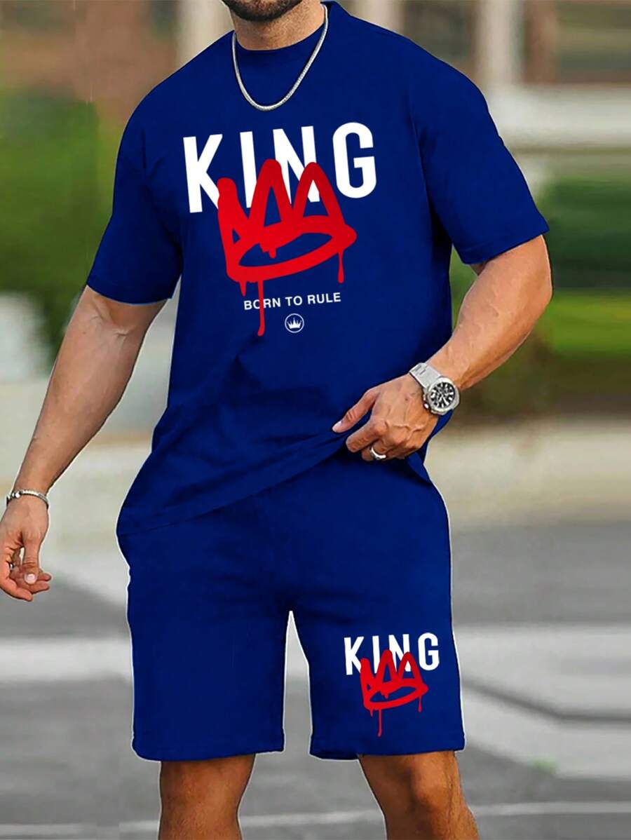 Manfinity Homme Men's Summer Letter Print Round Neck Short Sleeve Casual T-Shirt And Drawstring Waist Shorts Set