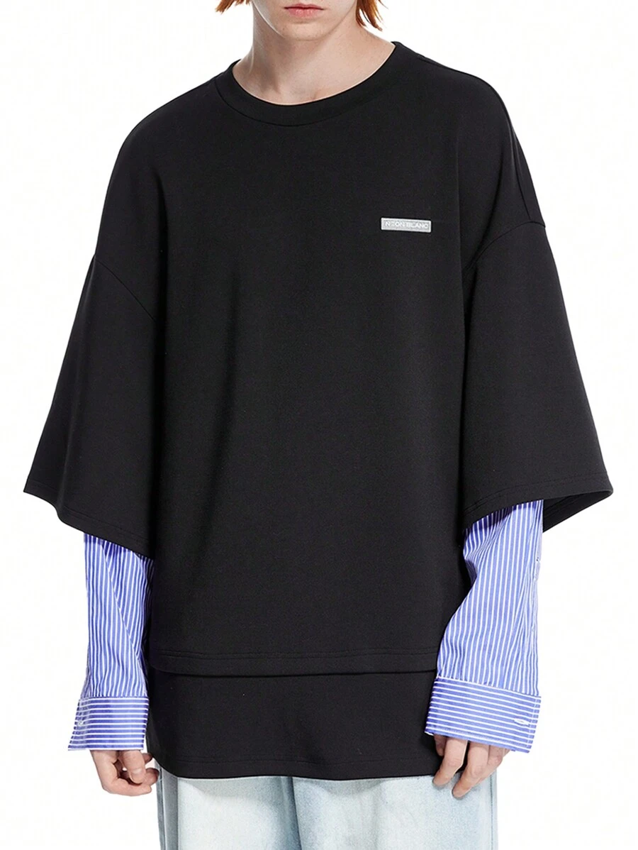 Manfinity VCAY Designer Men's Summer Letter Printed Round Neck Drop Shoulder Loose Fit 2 In 1 T-Shirt
