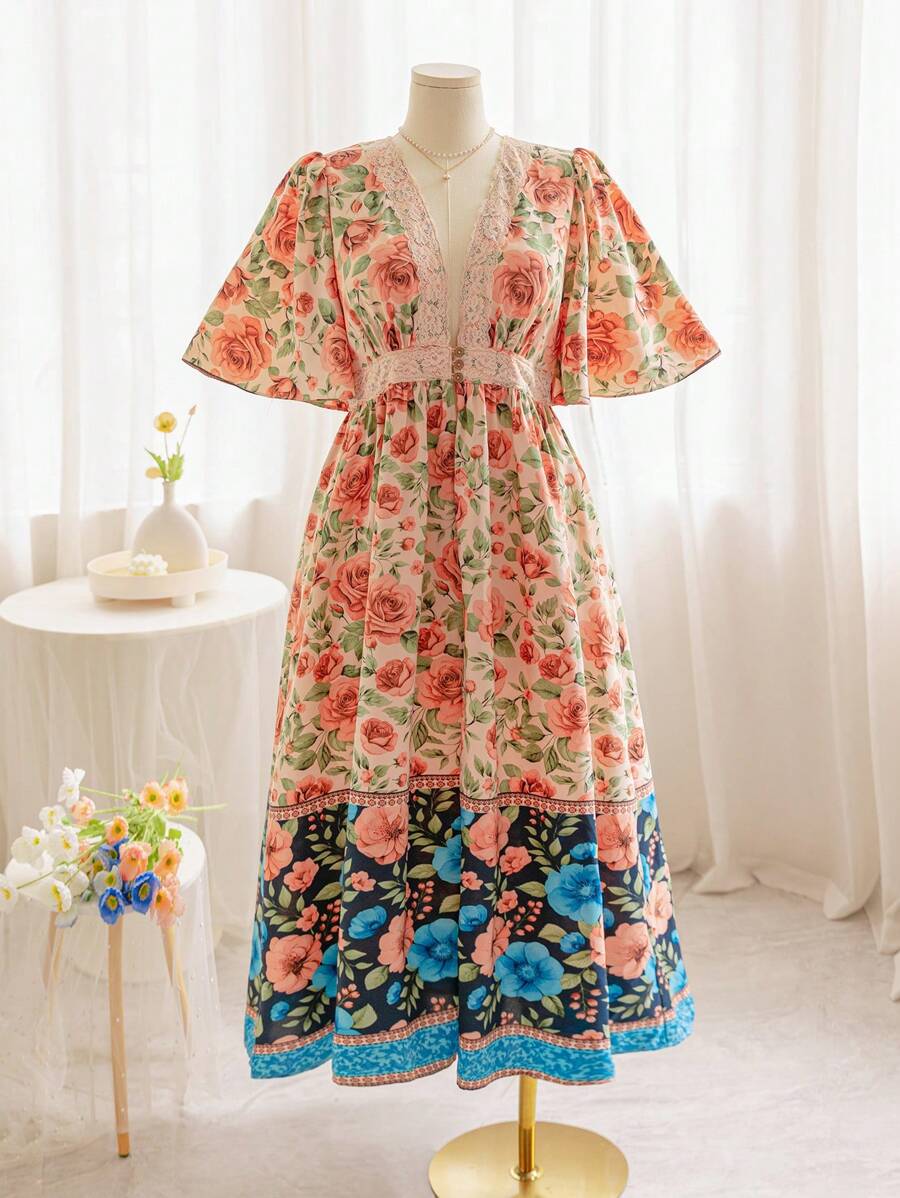 Soleia Plus Size Women's Floral Splice Contrast Graphic Print Maxi Festival Boho Beach Shirt Dress