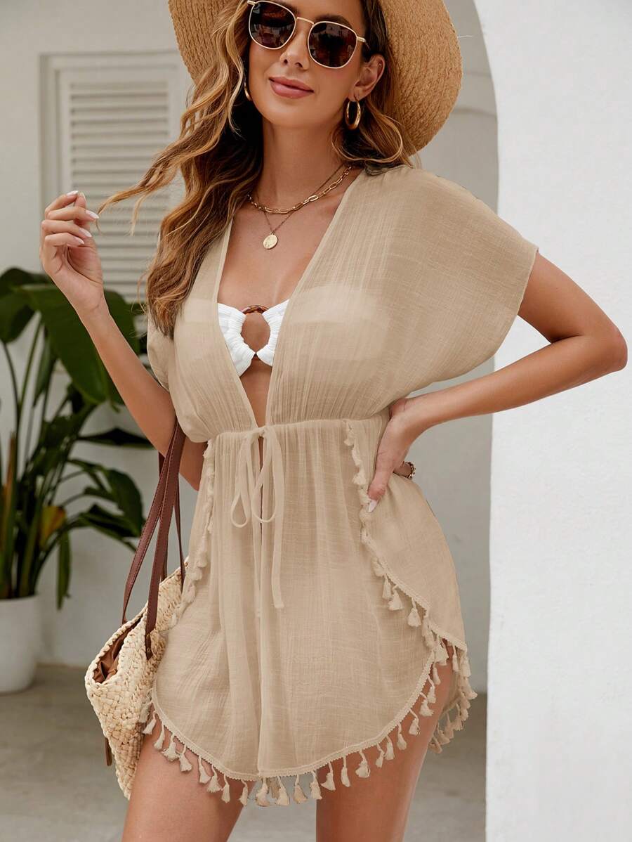 SHEIN Swim Tassel Trim Tie Front Sheer Kimono For Summer