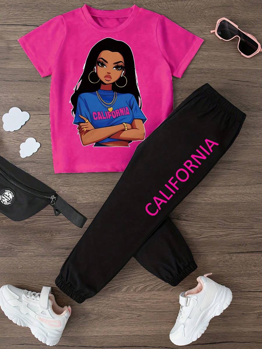 GraphicGems Tween Girl zomer T-shirt met ronde hals, korte mouwen en sportbroek met letterprint