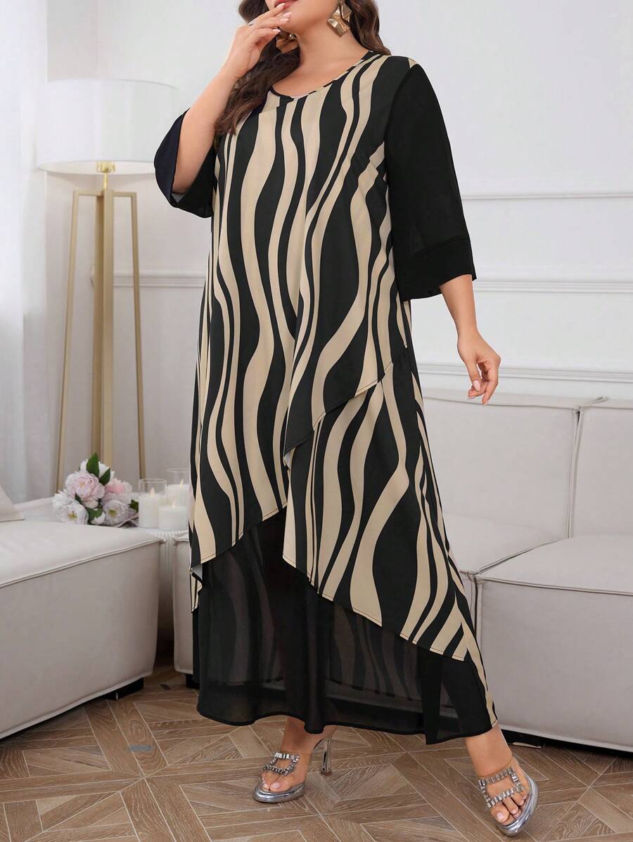 Mulvari Robe arabe à mailles contrastantes imprimées en vagues et en rayures, mode vintage décontractée et lâche printemps été