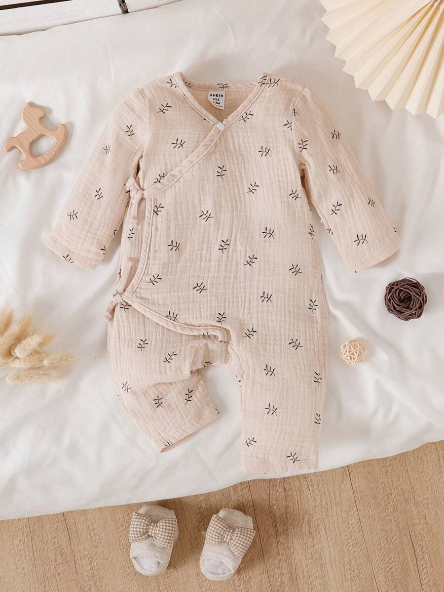 SHEIN Vintaside Kids Baby Boy Spring/Autumn New Casual Cotton Long Sleeve Printed Tie-Up Comfortable Jumpsuit