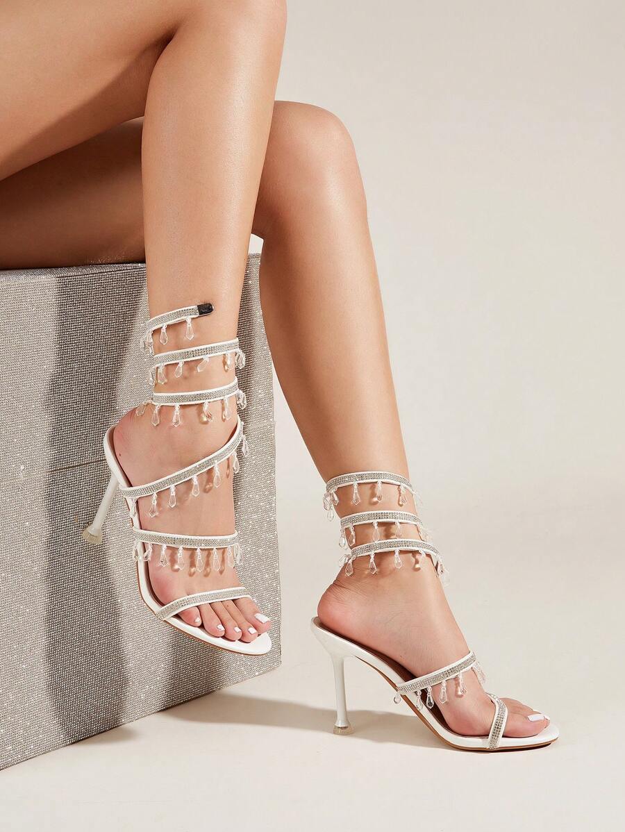 Women's White Pointed Toe Crystal Snake Wrap Fashion High Heel Sandals