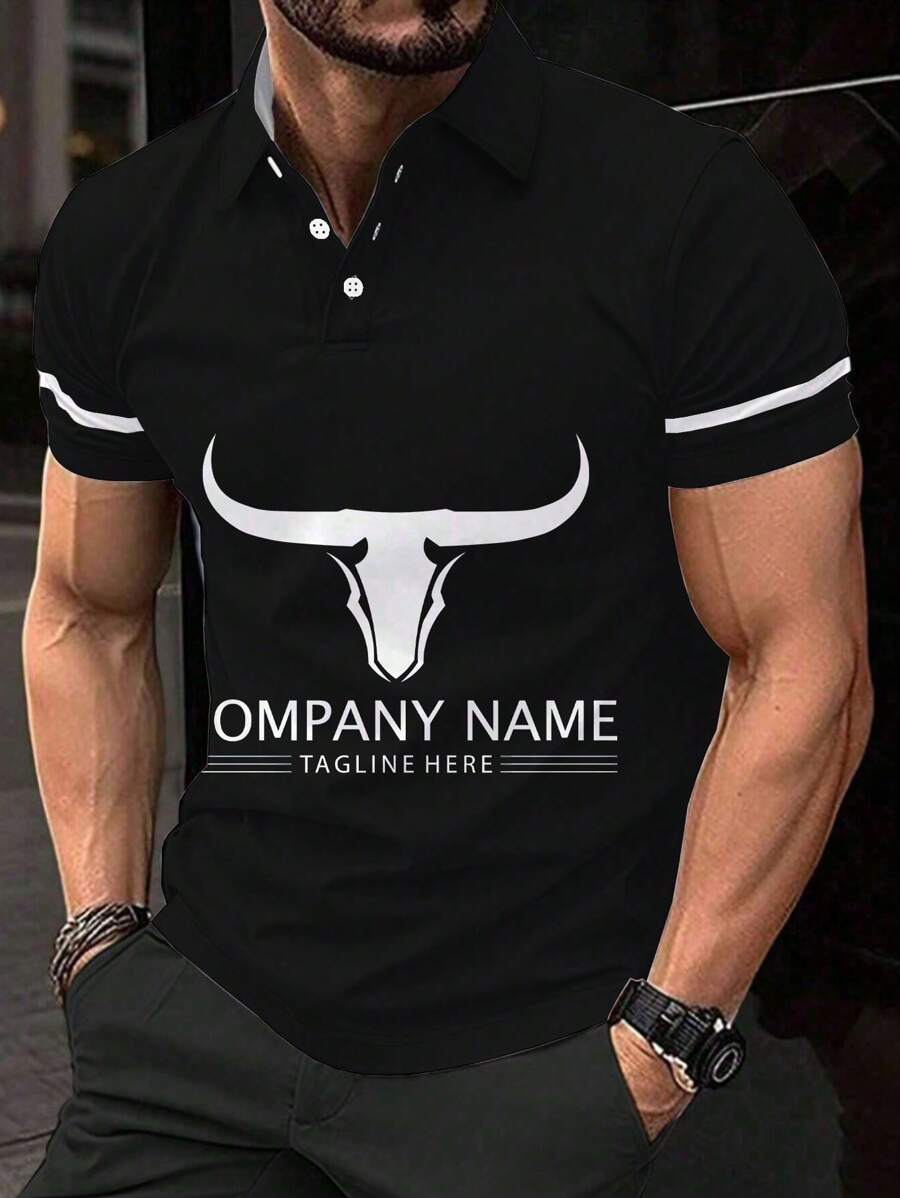 Men's Summer Short Sleeve Casual Commuting Polo Shirt With Letter & Bull Head Print