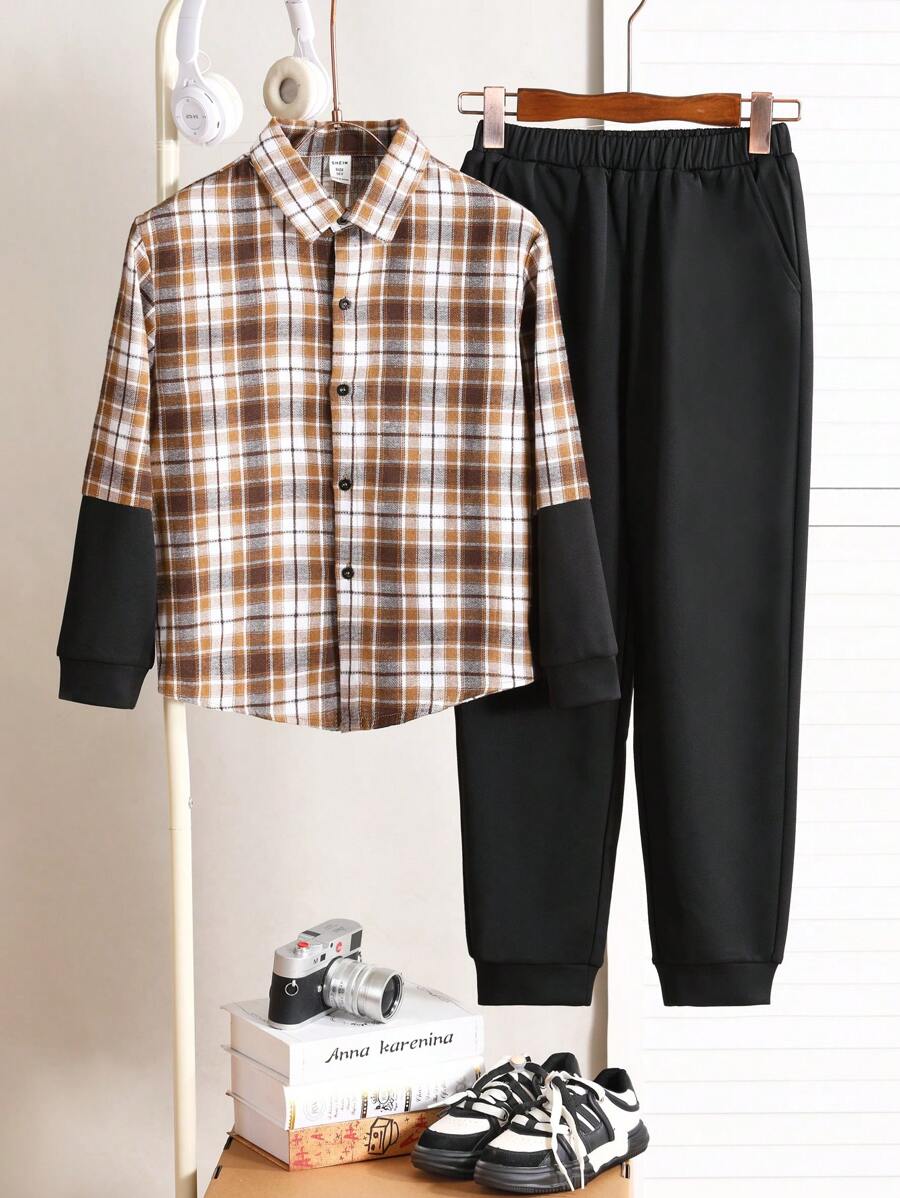 SHEIN Ragazzo Tween primavera/autunno casual a quadri Patchwork 2 in 1 camicia e pantaloni outfit