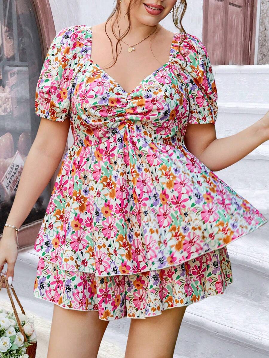 Sunnyshic Plus Size Simple Floral Top And Skirt Set